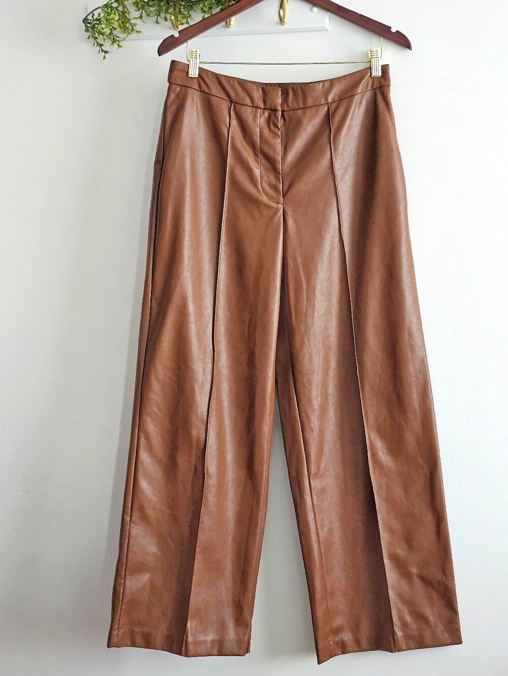 Nine West Faux Leather Wide Leg Pants Brown Cognac Size 10